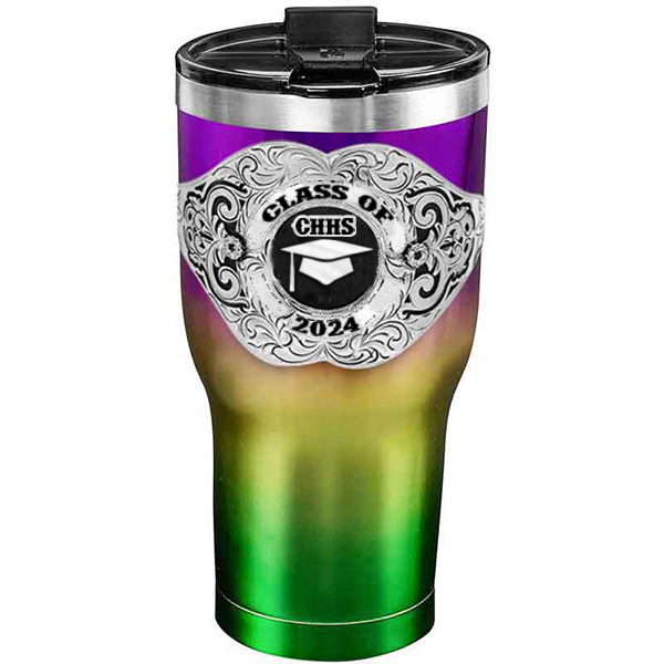 A customized tumbler made of stainless steel with a personalized engraved Class of 2024 lettering with graduate cap figure, 30 oz, ideal for coffee or cool drinks